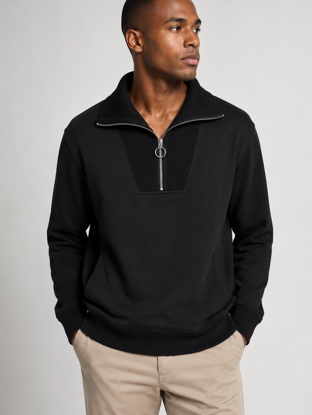 Michael Kors Men's Black Funnel Neck Quarter Zip Pullover Sweater with Pockets